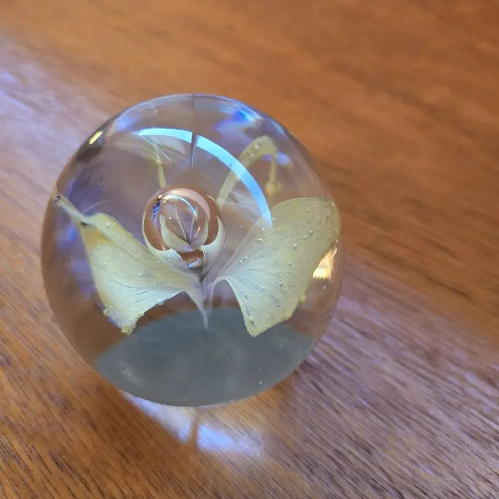 VTG Art Glass Paperweight Yellow Butterfly Design, Light Not Included
